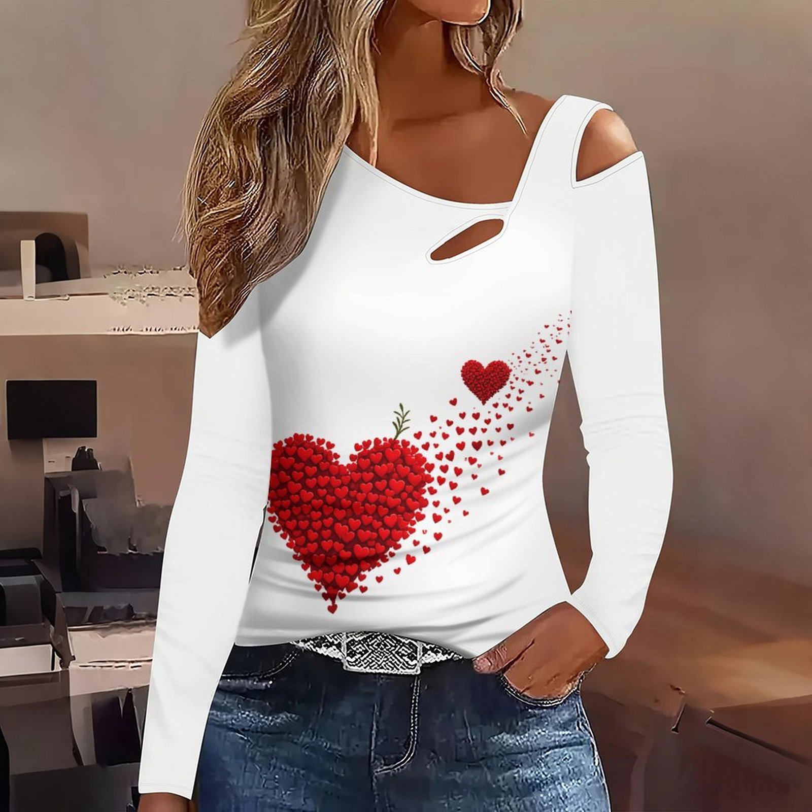 レトロプリントトップレディースストリートセクシーなオフショルダートップ秋冬斜め肩 Tシャツエレガントな服