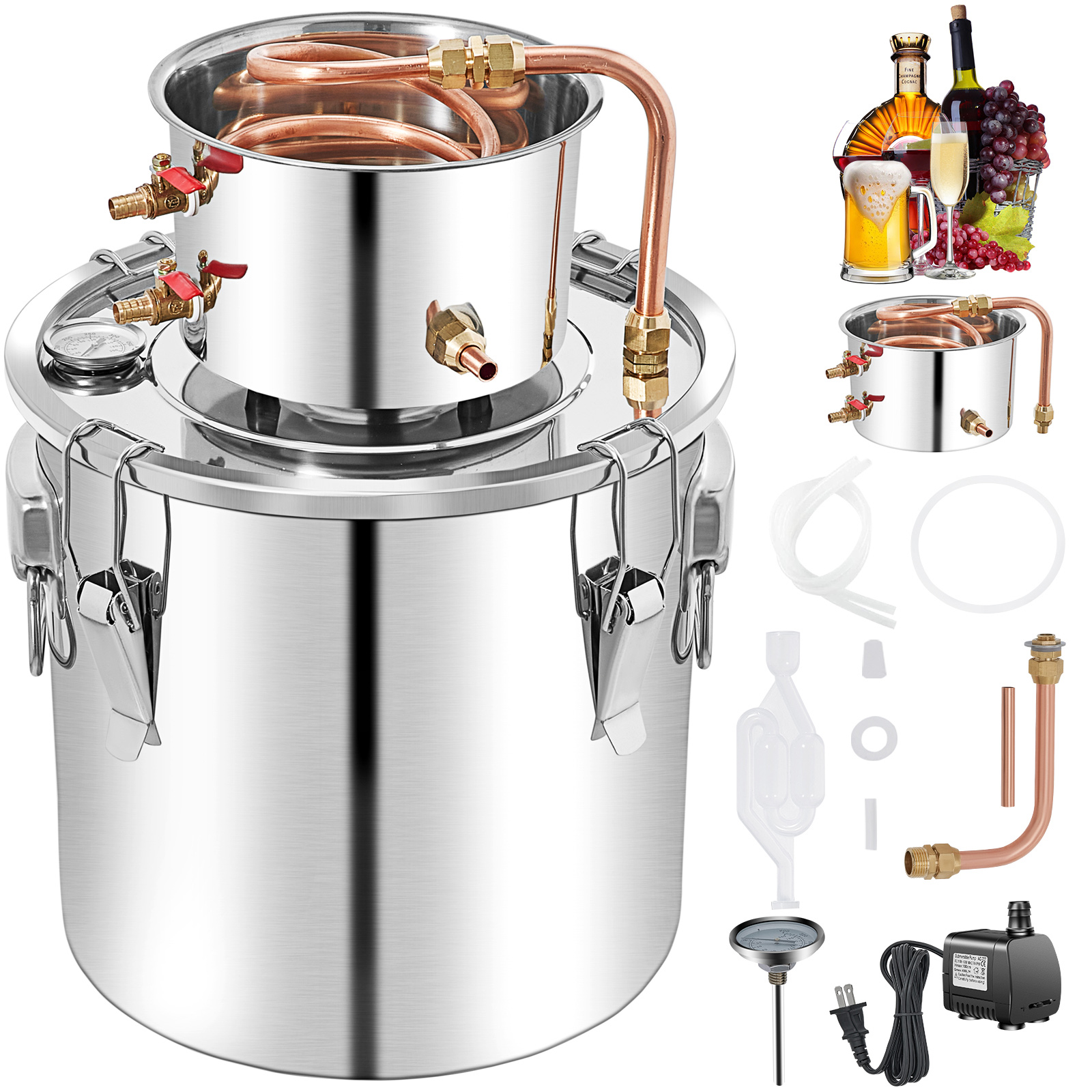 SucceBuy 50L 密造酒蒸留器 ウォーターポンプ付き ステンレス銅 DIY 自家製エタノール ワイン エッセンシャル オイル醸造キット