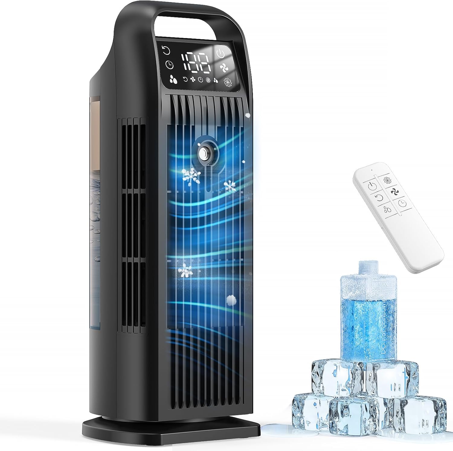 蒸発式スワンプクーラーポータブルエアコン、ミスト加湿器付きタワーファン、3速振動、タイマー、リモコン、寝室オフィスキャンプ用スタンドACユニット、ブラック