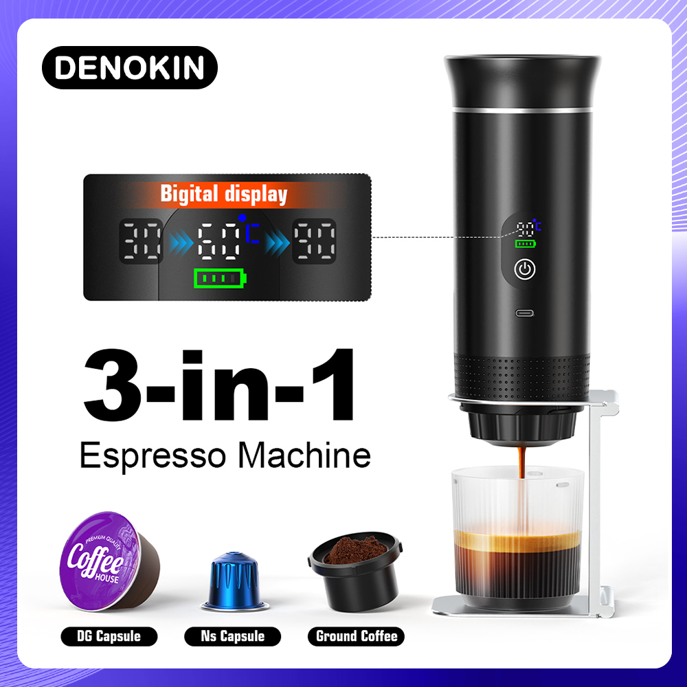 DENOKIN ポータブル エスプレッソ コーヒー マシン デジタル ディスプレイ付き 3-in-1 カプセル コーヒー メーカー 車用