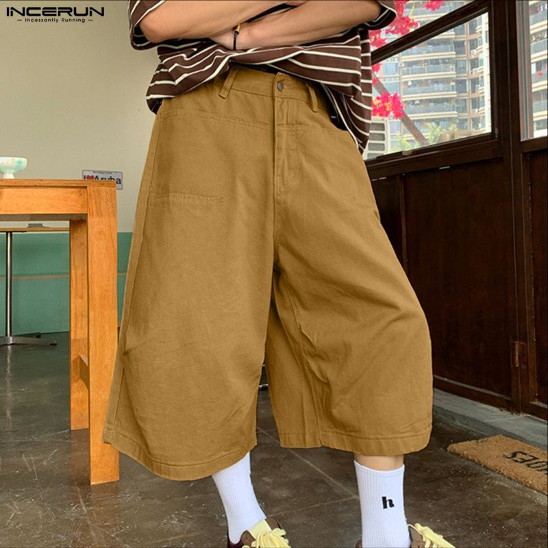 INCERUN メンズパンツ無地ボタンジョガールーズカジュアルワイドレッグパンツ男性ストリート 2026 ファッションふくらはぎ丈パンツ