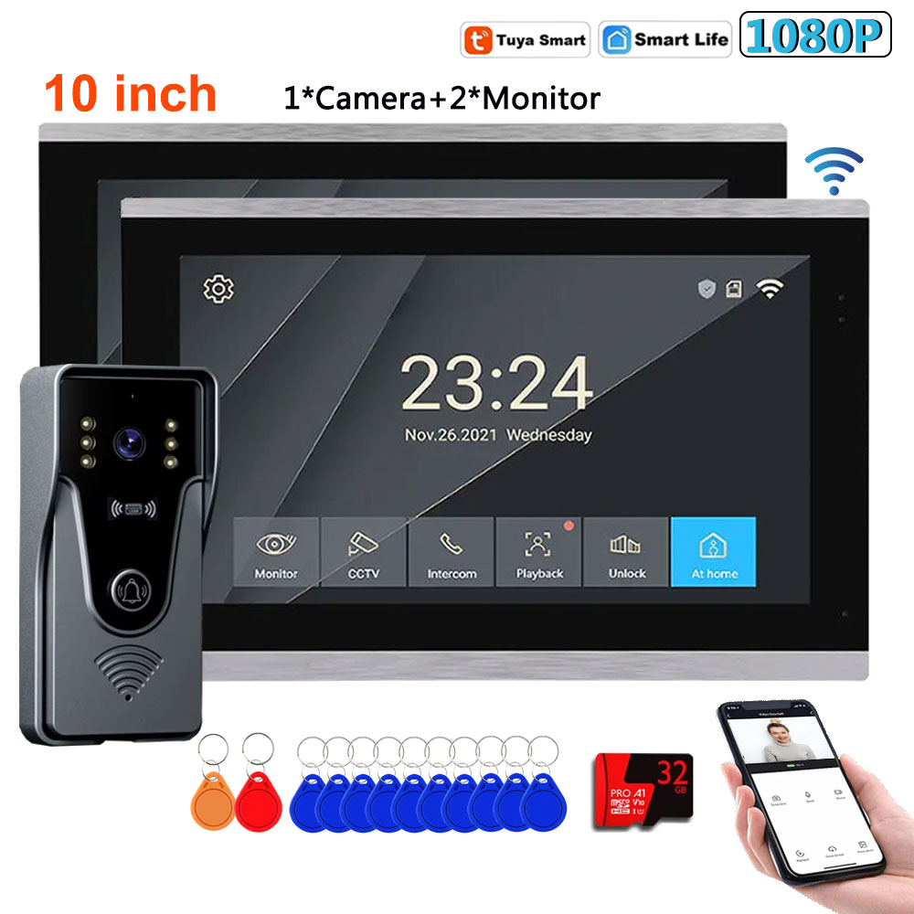 1V1/1V2 10 インチタッチスクリーンワイヤレス WiFi ビデオドアベル 4 ワイヤー HD 1080P Tuya スマートホームドアホンインターホン RFID アクセスシステム