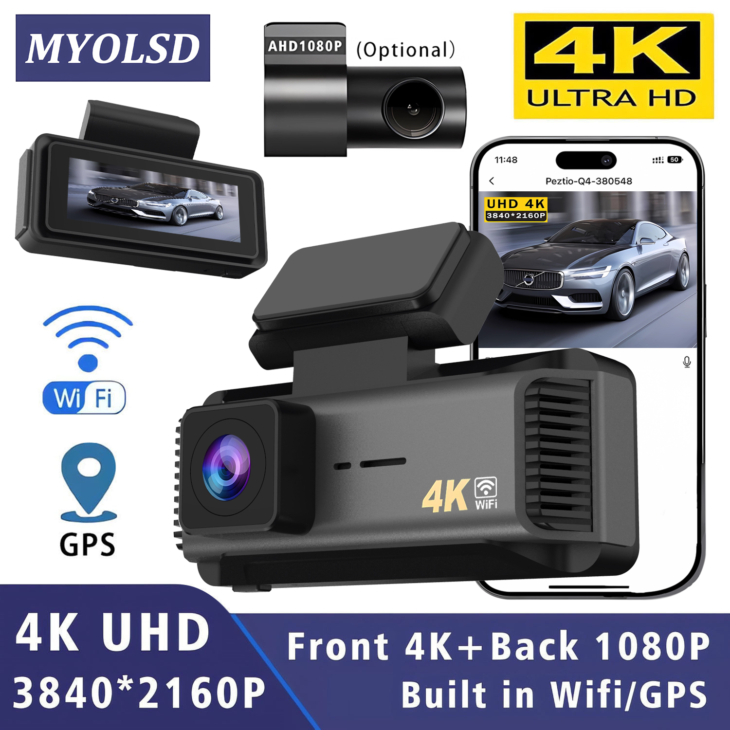 ダッシュカム 4K 3840*2160P 車 DVR WIFI GPS ミニデュアルレンズカメラフロントとリアダッシュカムブラックボックスビデオドライブレコーダーナイトビジョン