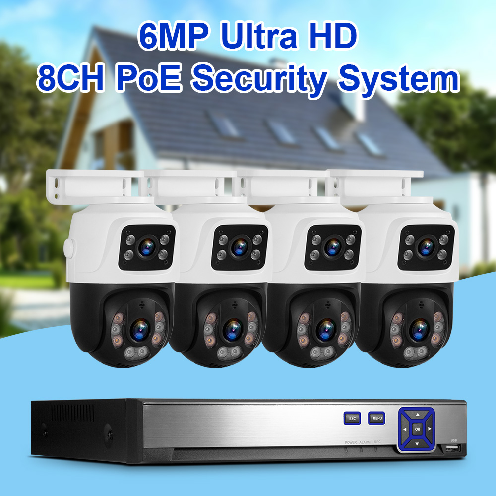 KERUI ワイヤレスホームセキュリティシステム 8CH POE NVR キット 6MP POE カメラデュアルレンズ屋外ビデオ監視カメラシステム付き