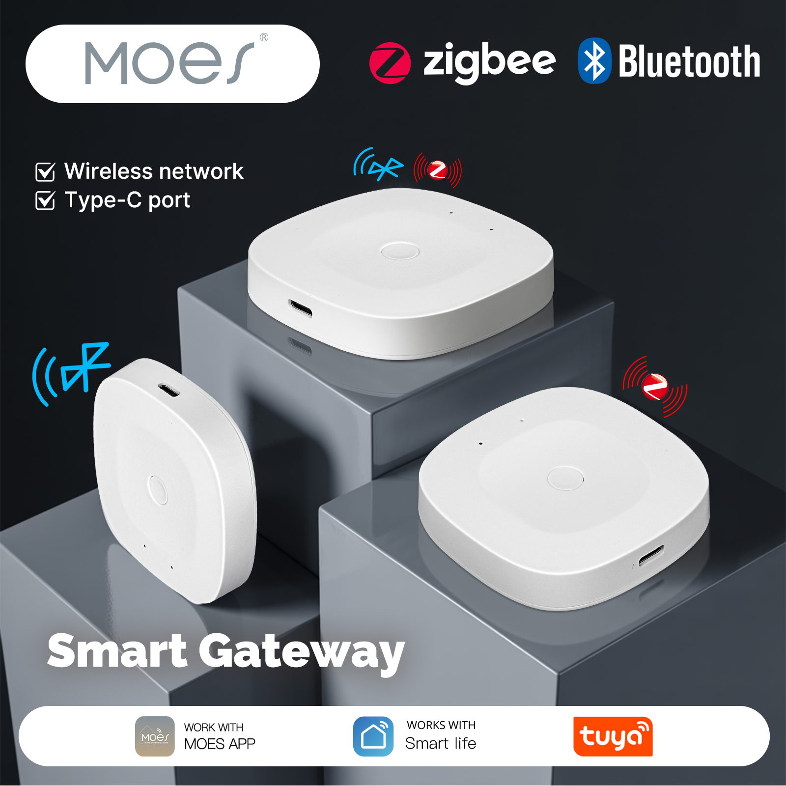 MOES Tuya Bluetooth/ZigBee/マルチモード ゲートウェイ ハブ Type-C ポート パワー スマート ホーム オートメーション ワイヤレス ネットワーク Alexa GoogleHome 付き
