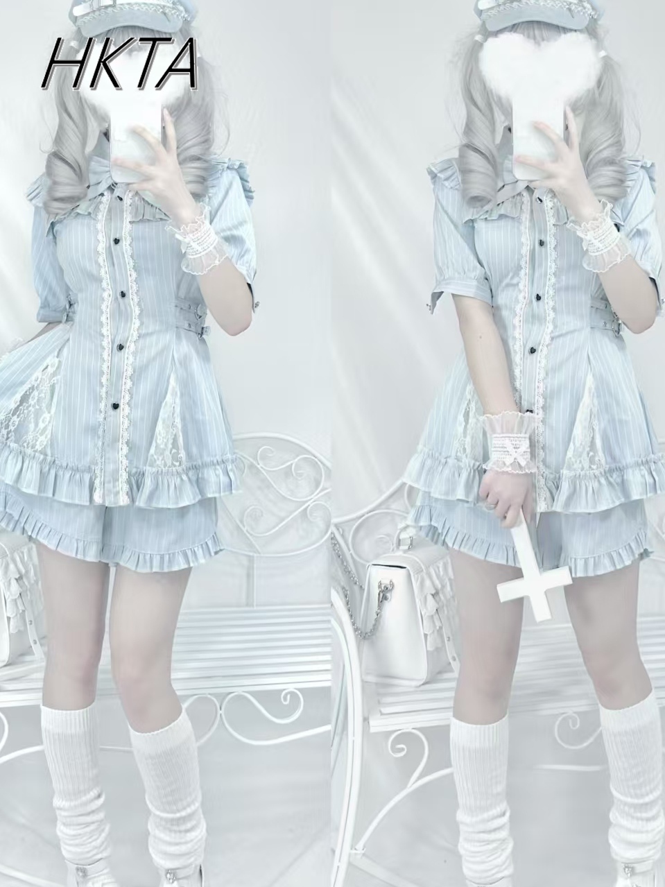 Japanese Lace Splicing Short Sleeve Saliva Towel Waist Dress Sets Women Striped Fungus Edge Lolita Black Short Dresses Outfit