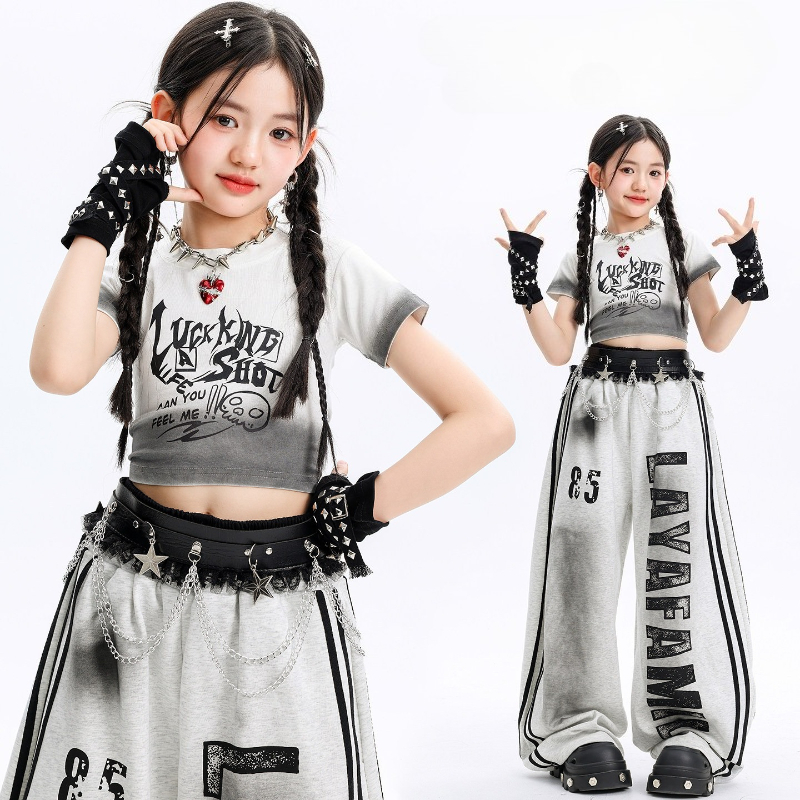 女の子ヒップホップダンス服セットプリント Tシャツルーズパンツ夏ジョガーストリートダンスウェアグループジャズ練習パフォーマンス衣装