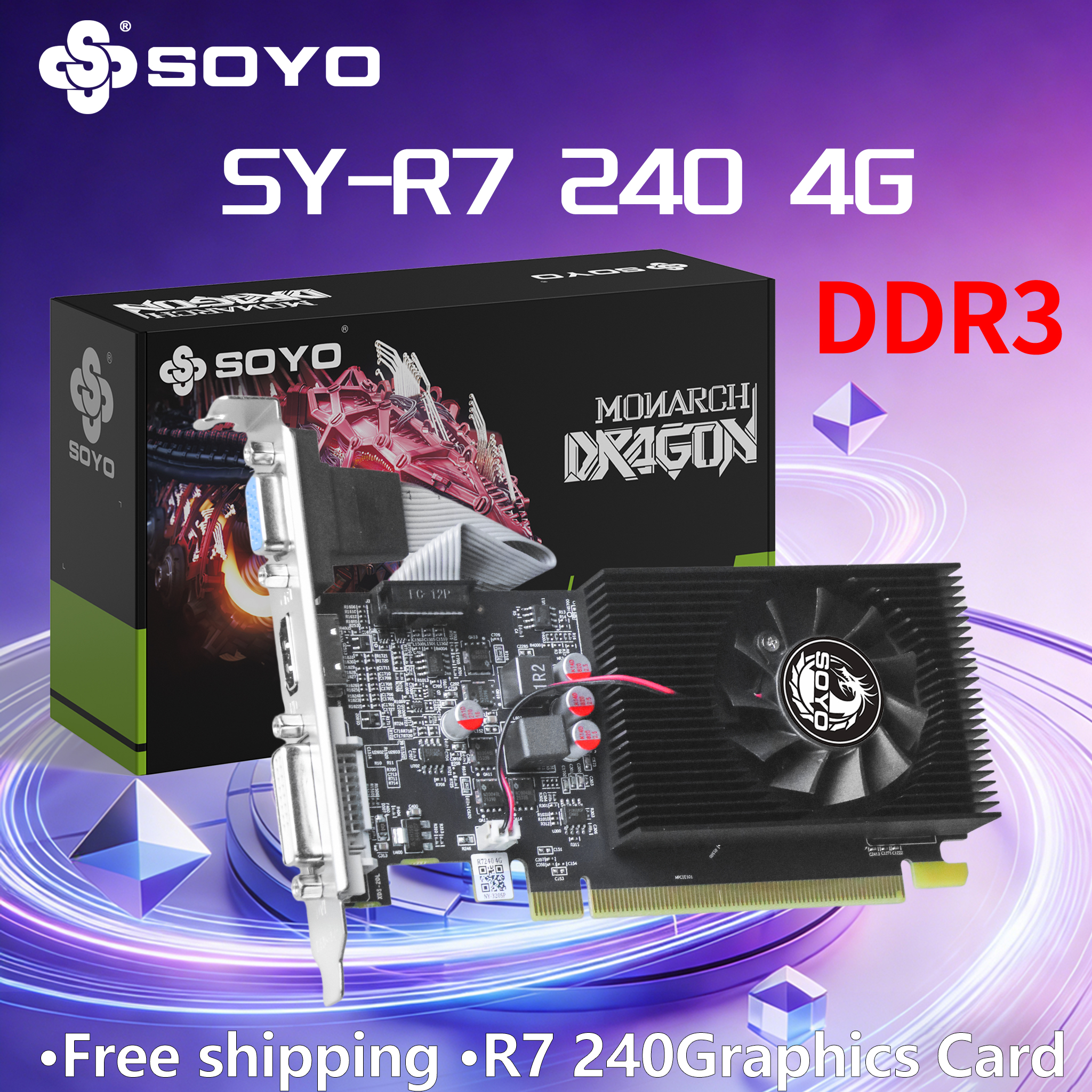 SOYO R7 240 ゲーミングカード DDR3 4G AMD Radeon ロープロファイル グラフィックス ビデオカード デスクトップ用 HDMI+DVI+CRT PCIe3.0x8