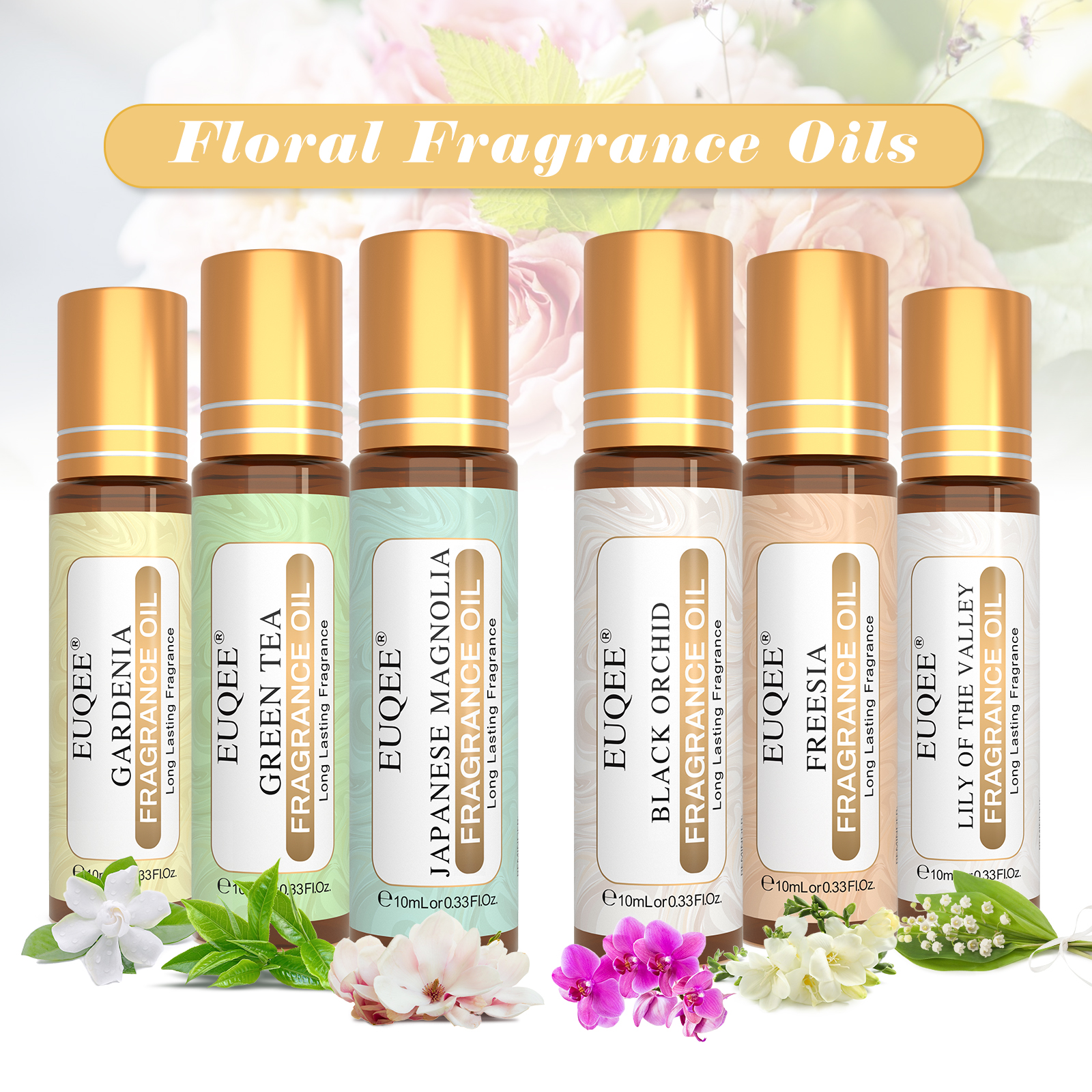 EUQEE 6 個フラワーシリーズフレグランスオイルセット - 10ml モクレン、黒蘭、クチナシ、緑茶、フリージア、スズラン