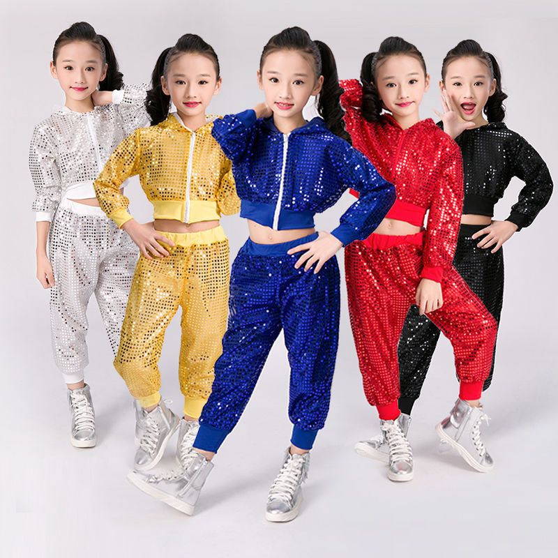 子供スパンコールジャズダンスモダンチアリーディングヒップホップ衣装子供のための少年少女クロップトップとパンツパフォーマンス衣装服
