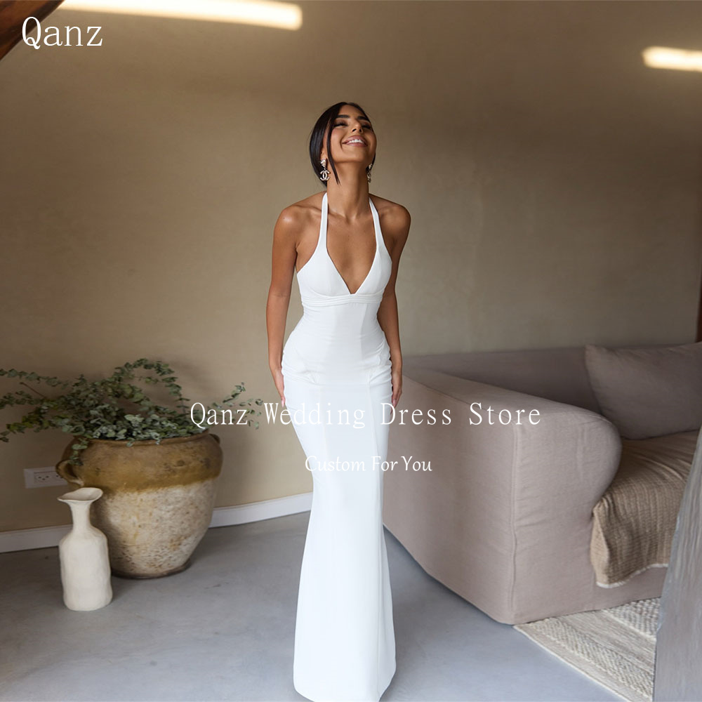 Qanz ホワイトサテンのウェディングドレス V ネックホルターネックマーメイドローブデマリエ現代 Vestidos デノビアボダ民間カスタマイズ