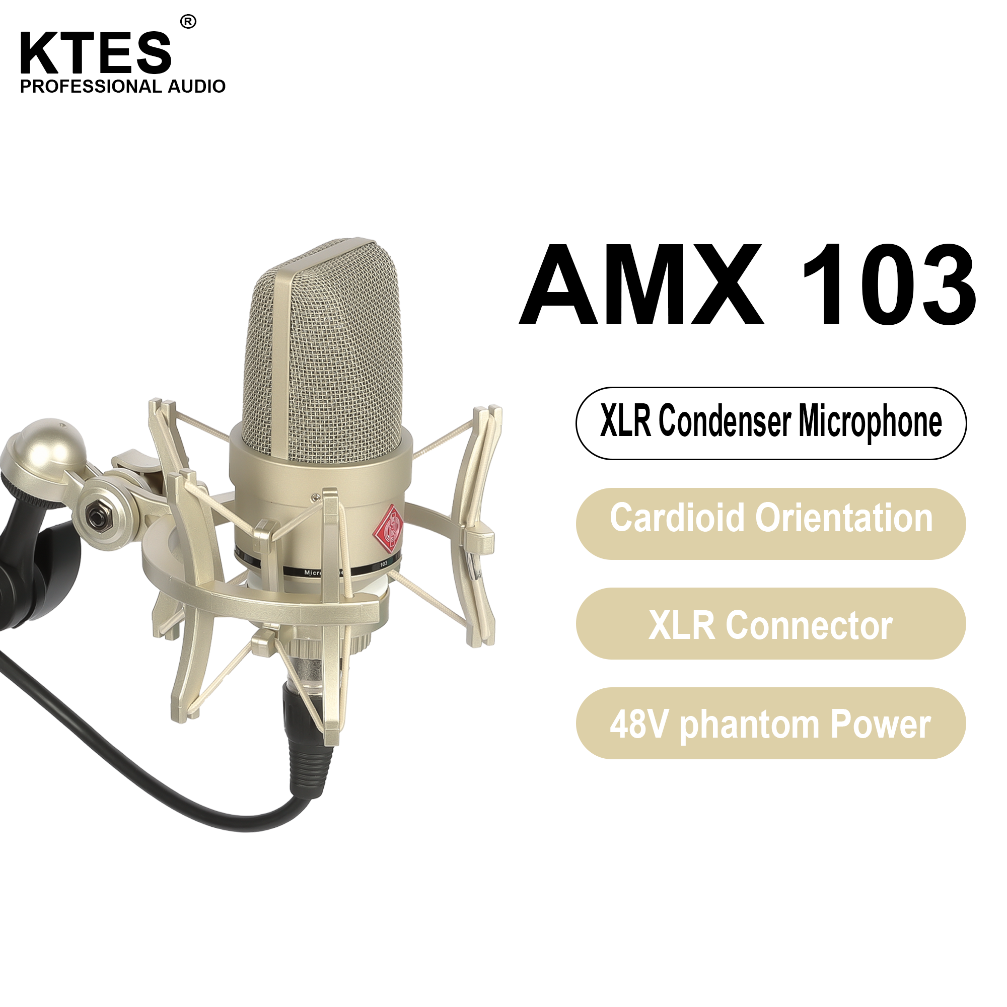 AMX 103 XLR コンデンサーマイク 48V ファンタム電源マイク オーディオインターフェイスミキサースタジオ録音ポッドキャストストリーミングボイスオーバー用