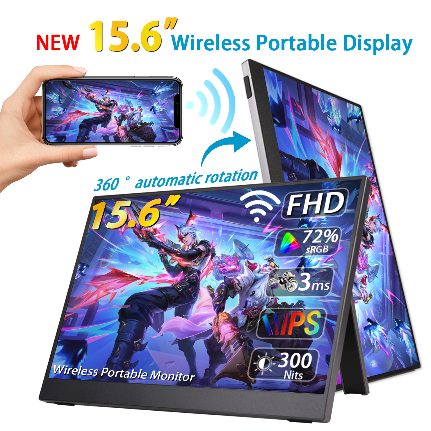 AHXJKA 15.6 "ワイヤレスポータブルモニター FHD 16:9 携帯電話 PC ロットップ有線 XBox PS4/5 スイッチ拡張ライブビデオ
