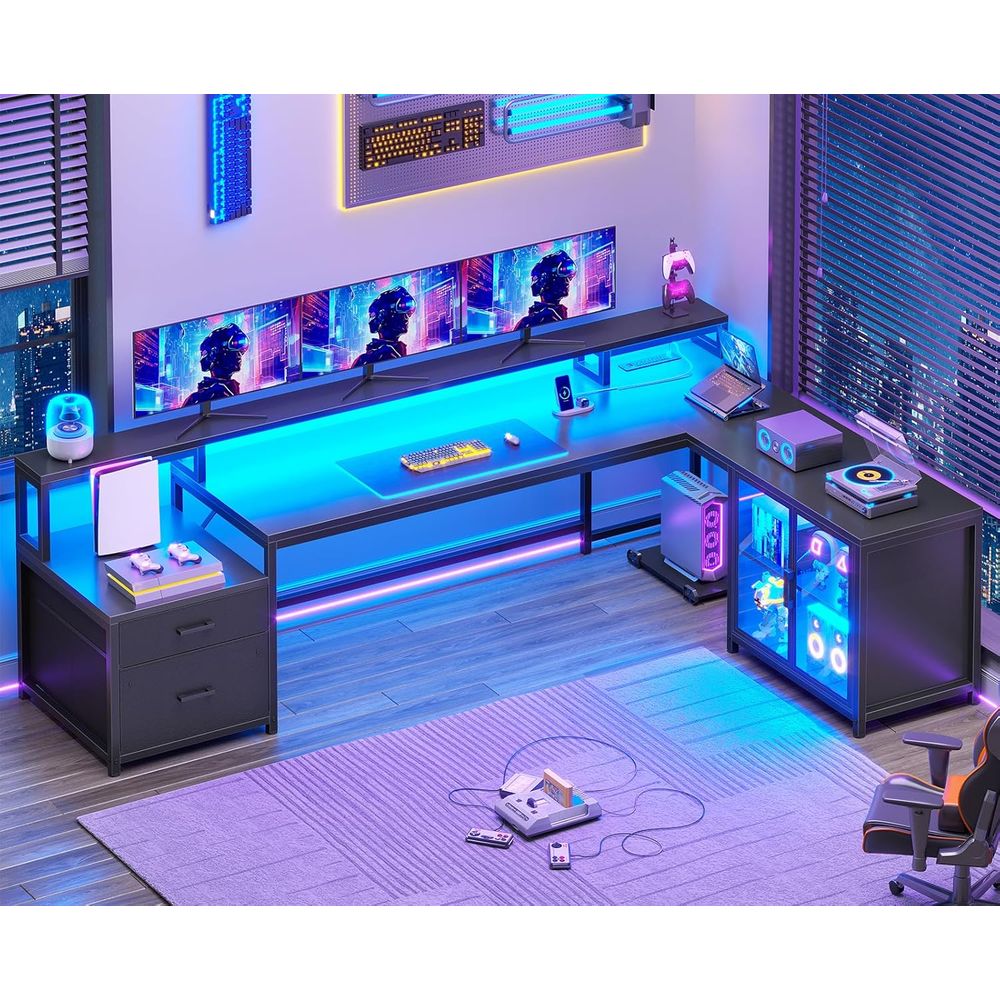 ホームオフィスまたはG用の引き出し、電源コンセント、LEDライト、収納棚、ディスプレイキャビネットを備えた大型78.7 L字型ゲーミングデスク
