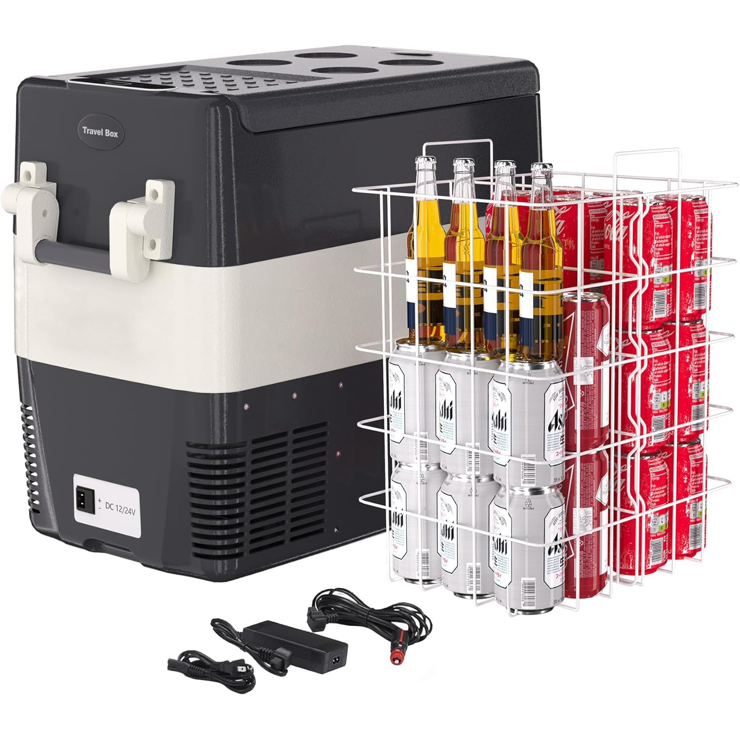 ポータブル冷蔵庫 52QT (50L) 電気クーラー冷凍庫 12V/24V DC 110-240V AC 車用冷蔵庫 0℉~50℉ 車用冷蔵庫 バスケット付き 旅行、トラック、ボート、キャンプ用