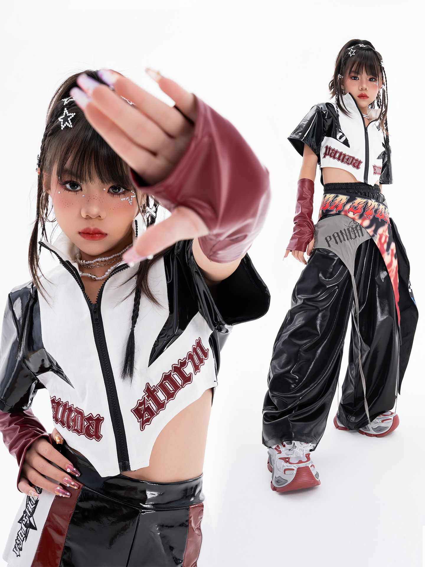 2025 女の子ジャズダンス服レザーへそトップスズボンファッションストリート衣装キャットウォーク着用ヒップホップパフォーマンス衣装 BL17481