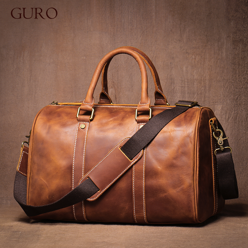 GURO レトロ高品質牛革トラベルバッグメンズ本革ハンドバッグ女性の高級週末フィットネスバッグ短期旅行荷物