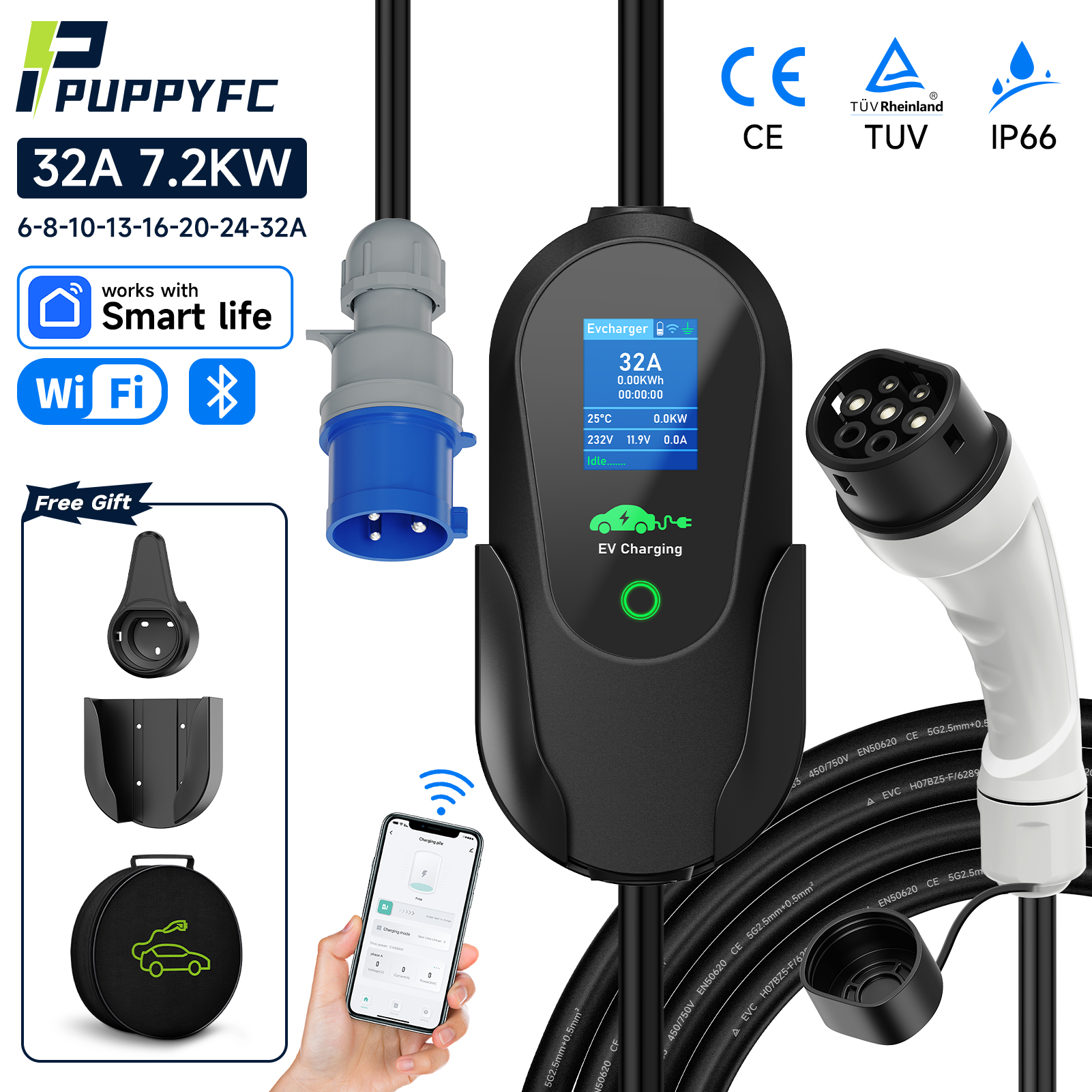 Puppyfc ポータブル EV 充電器 7.2KW 32A Type2/Type1 高速充電ケーブル IP66 過負荷保護 WiFi 制御 電気自動車用