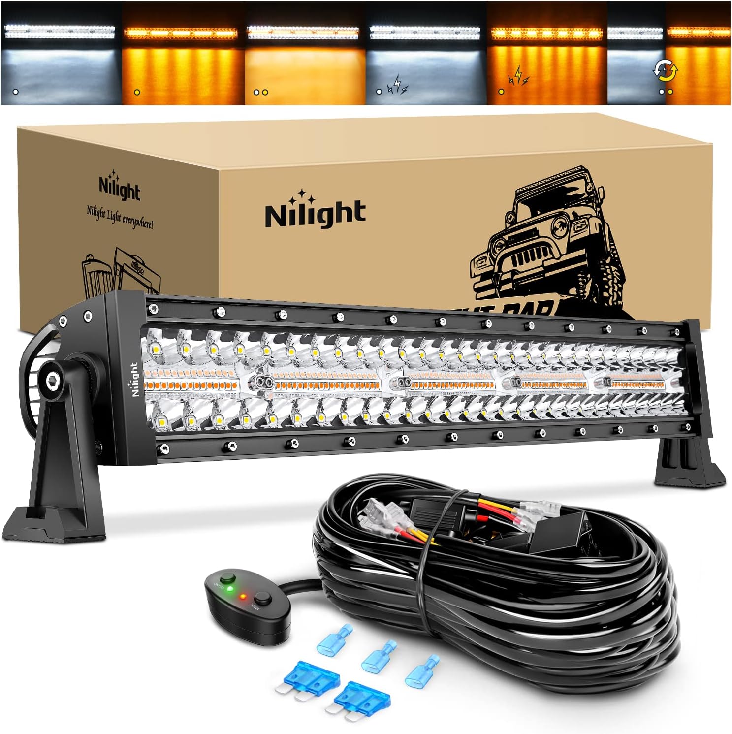 Nilight 22インチ 480W LEDライトバー スポットフラッド アンバーホワイト ストロボ 6モード メモリー機能 リセット機能 オフロードトラック 車 ATV SUV キャビン ボート 16AWGワイヤリングハーネスキット-1リード付き