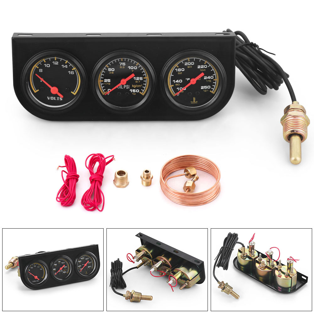 12V 車用トリプルゲージキット 3-in-1 水温ゲージ C/F 油圧 PSI 電圧計機械式セット センサー付き