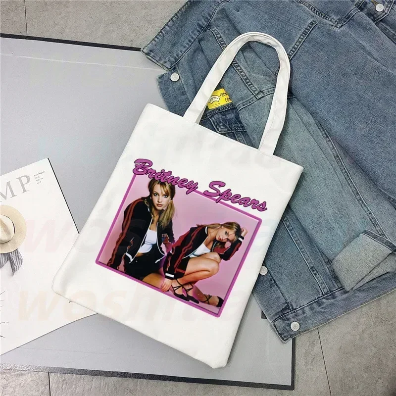 ブリトニー スピアーズ プリント 再利用可能な女性ハンドバッグ キャンバス トート ショッピング バッグ 再利用可能なショッピング バッグ エコ折りたたみ