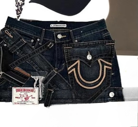 Y2K ゴシックパンクスタイルデニムショートスカート女性原宿レトロパッチジッパースカートストリートローウエストヴィンテージジーンズミニスカート