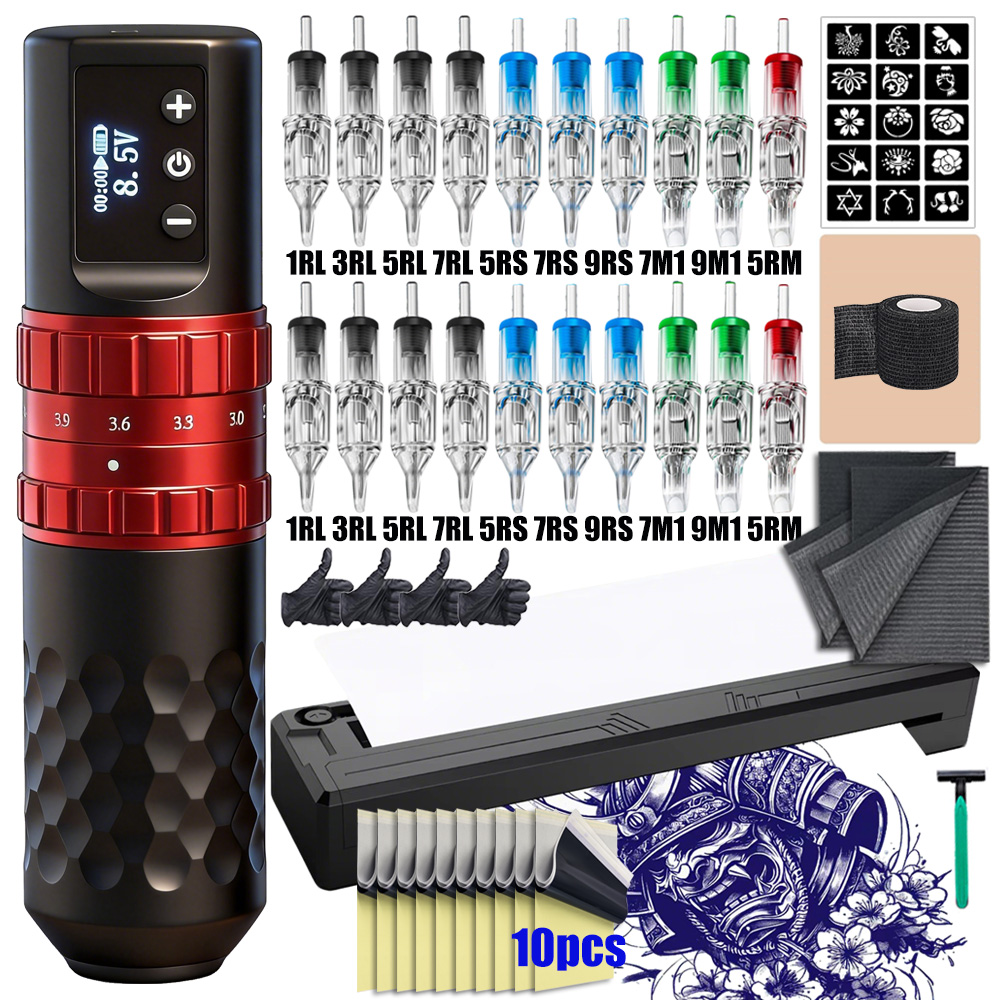 Wireless Tattoo Pen Machine Kit with Bluetooth Transfer Printer Rotary Tattoo Machine Set for Tattoo Beginners Artists Supplies