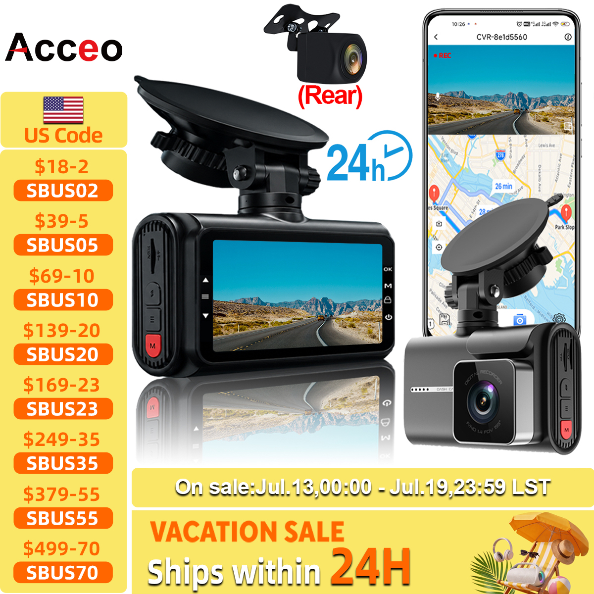 Acceo 4K ダッシュカム WIFI カービデオレコーダー フロント 4K 2K リアビューカメラ ナイトビジョン デュアルレンズサポート 24H パーキング GPS ブラックボックス