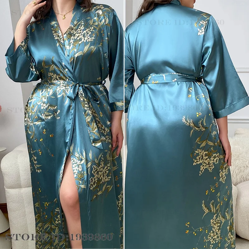 プラスサイズ 3XL 4XL 5XL 女性のロングローブネグリジェプリント桜着物バスローブガウン春夏新サテンパジャマホームウェア