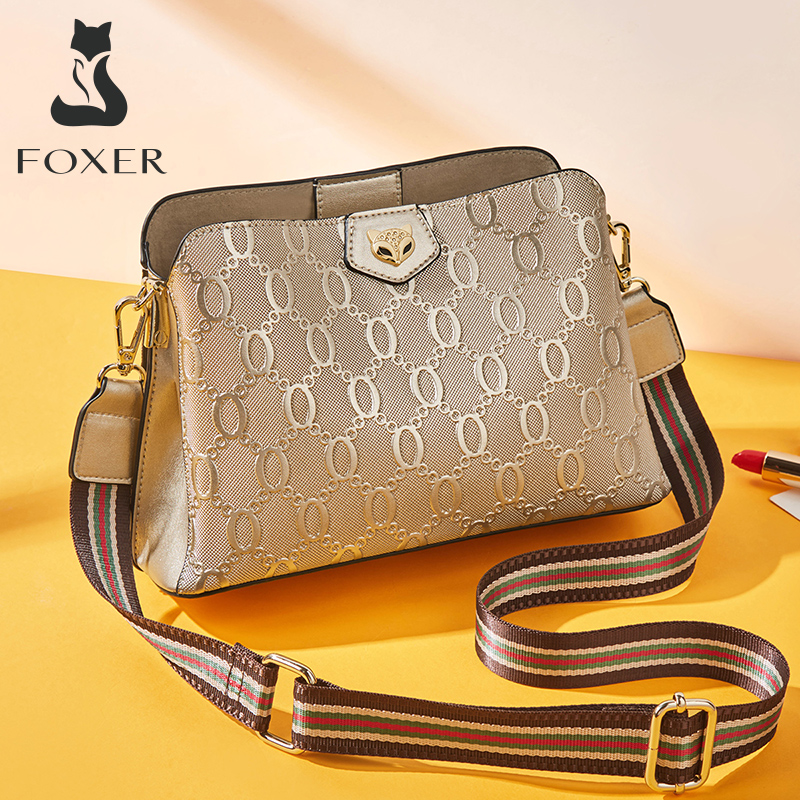 FOXER レディース ショルダーバッグ スプリットレザー レディース クロスボディバッグ ファッション モノグラムプリント 大容量ハンドバッグ財布