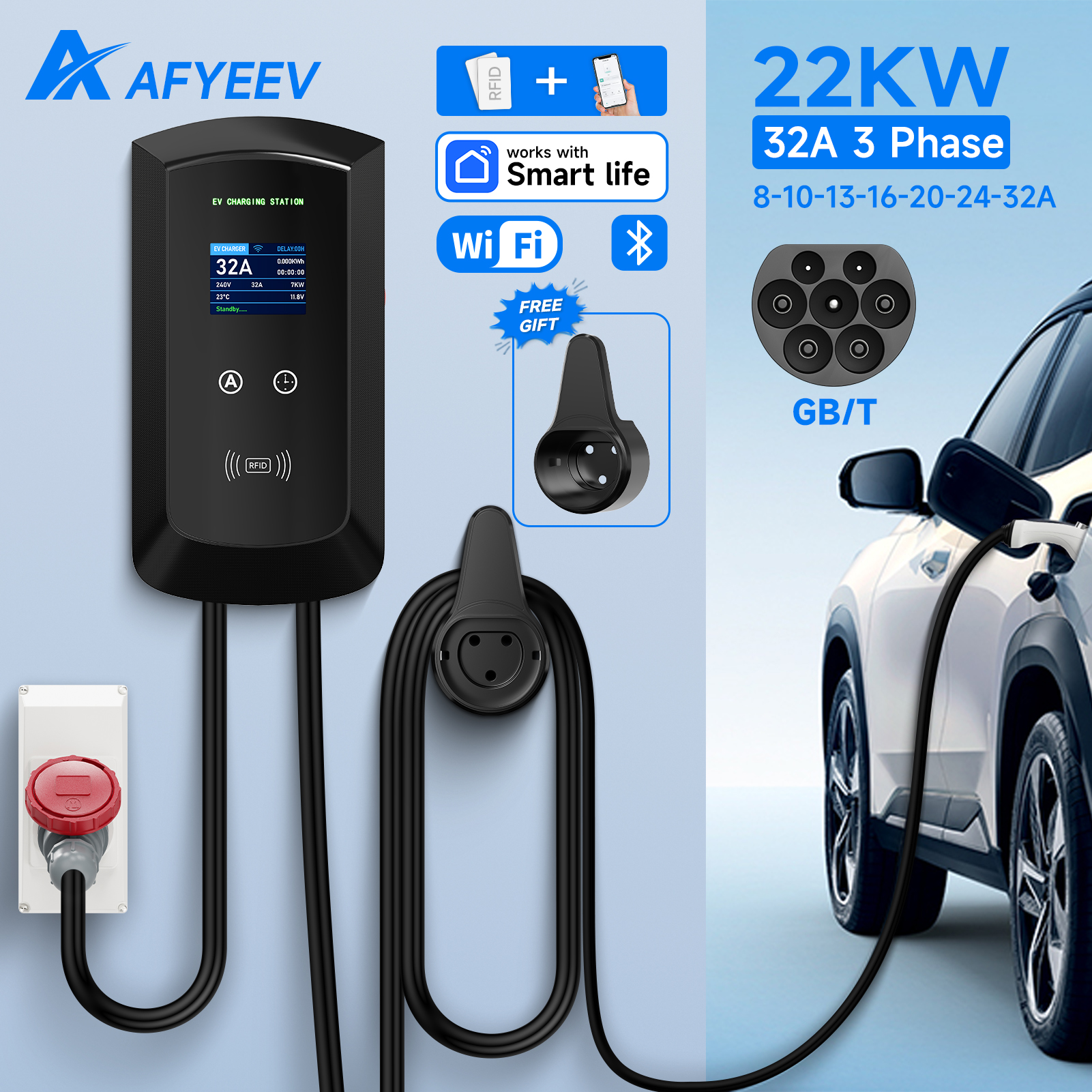 AFYEEV 22KW GB/T EV 充電ステーション 32A 電気自動車車の充電器 EVSE ウォールボックス ウォールマウント RFID WiFi Bluetooth アプリ制御