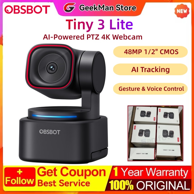 OBSBOT Tiny 3 Lite AI 搭載空間オーディオ 4K ウェブカメラ - AI トラッキング PTZ カメラ、1/2 インチセンサー、トライマイク、音声コントロール、120FPS 付き