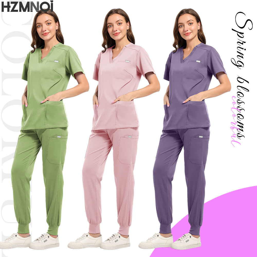 多色スクラブ制服女性ペットクリニックドクタースーツ医療手術作業服スクラブセット半袖トップスパンツ看護制服