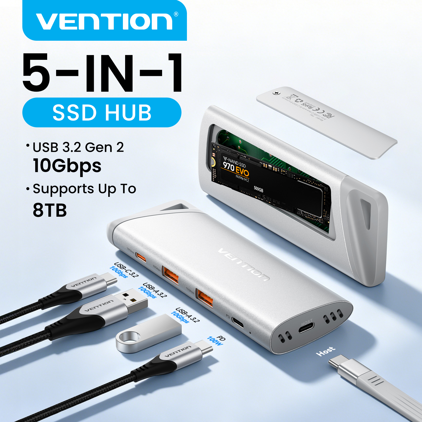 Vention 5 in 1 USB C SSD NVMe エンクロージャ ハブ USB 3.2 Gen2 ハブ PD 100W 充電器 最大 8TB M.2 SSD アダプタ MacBook Min ラップトップ用