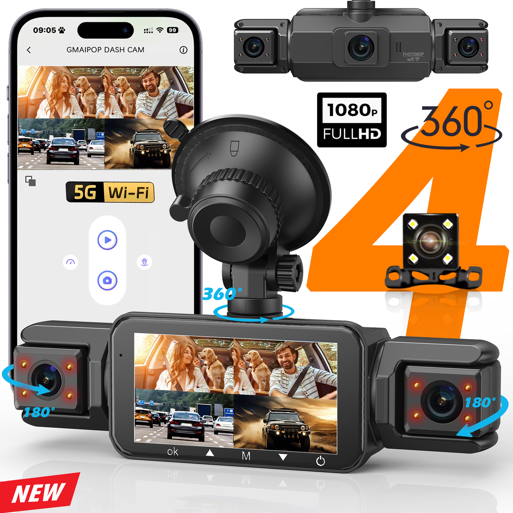車用ダッシュカム 4 チャンネルブラックボックス WiFi ドライビングカメラ FHD 1080P ナイトビジョンループ録画追加ハードワイヤーキットカーアクセサリー