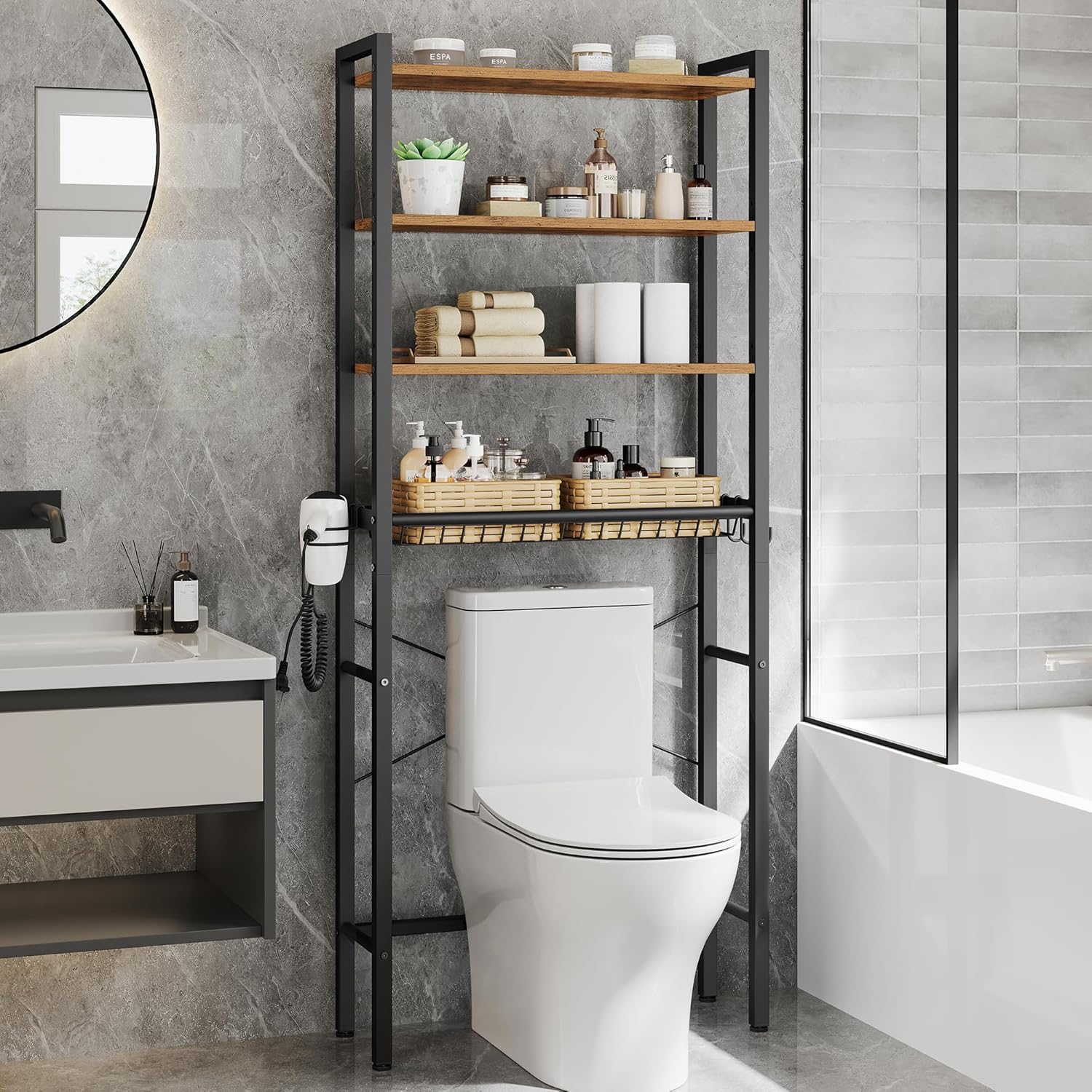 BARNET コレクション - トイレ上収納、トイレ上バスルームオーガナイザー、調節可能な棚とバスケット付き、フック3個、スペースS