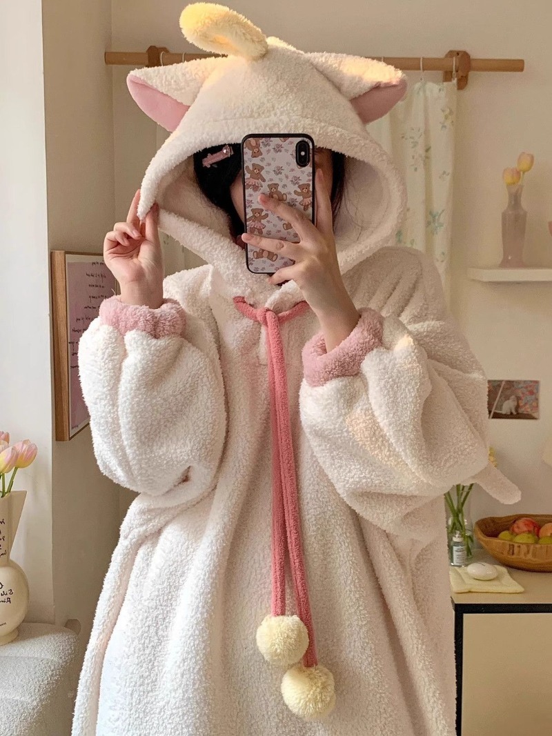 韓国シックなフード付きサンゴフリースナイトガウン女性甘いだぶだぶ暖かいパジャマ厚みのファッションホームオールマッチかわいいバスローブ冬