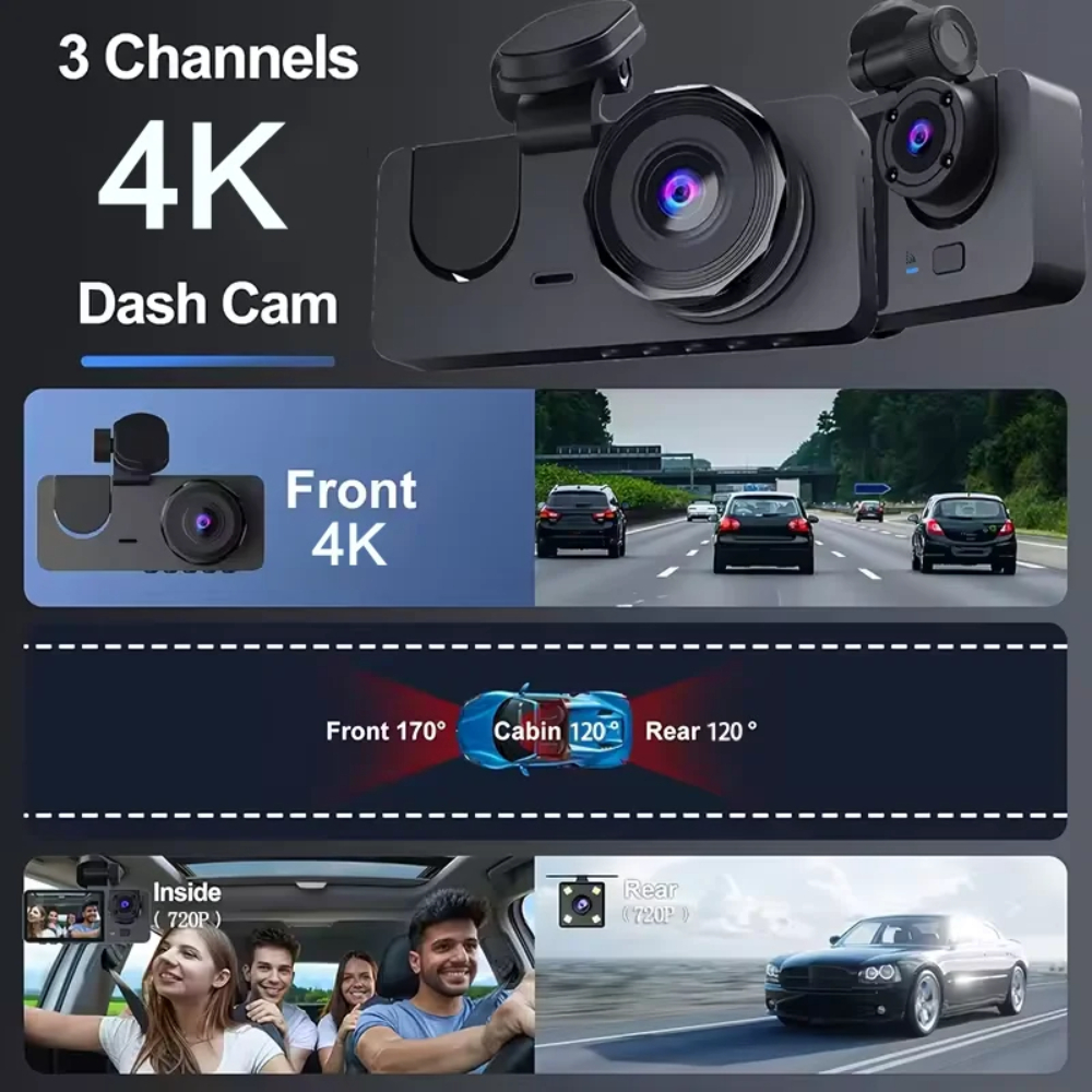 車 DVR 3 チャンネルダッシュカム車用 4K ビデオレコーダー WIFI アプリダッシュカムフロントとリアビューカメラナイトビジョンカーアクセサリー