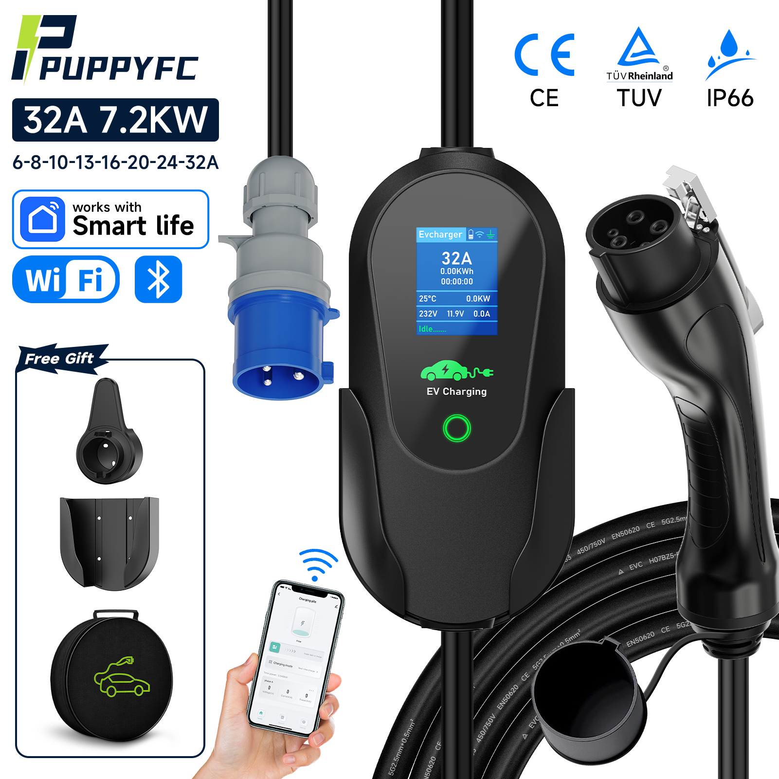 Puppyfc 7.2KW ポータブル EV 充電器 32A タイプ 1/タイプ 2Fast 家庭用電気自動車充電ステーション WiFi 制御 IP66 防水過負荷