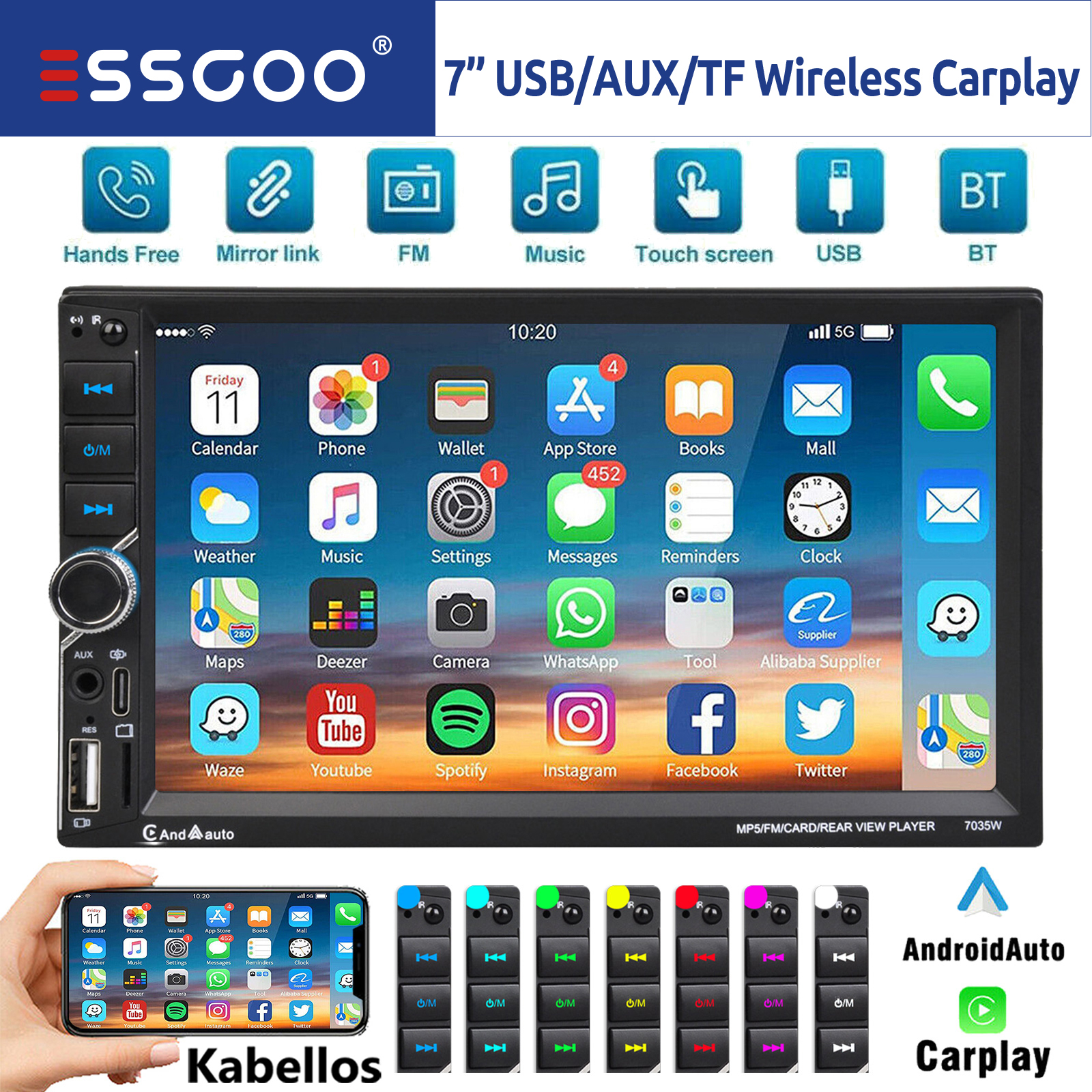 ESSGOO 7 インチワイヤレス Apple Carplay Android 自動ダブル 2 DIN カーステレオラジオ AUX FM Bluetooth USB TF タッチスクリーンミラーリンク