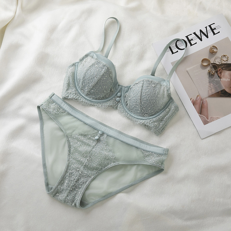 French Sexy Lingerie Rabbit Ears Button Thin Lined Lace Bra and Briefs Set Satin Patchwork Underwear Women Intimate