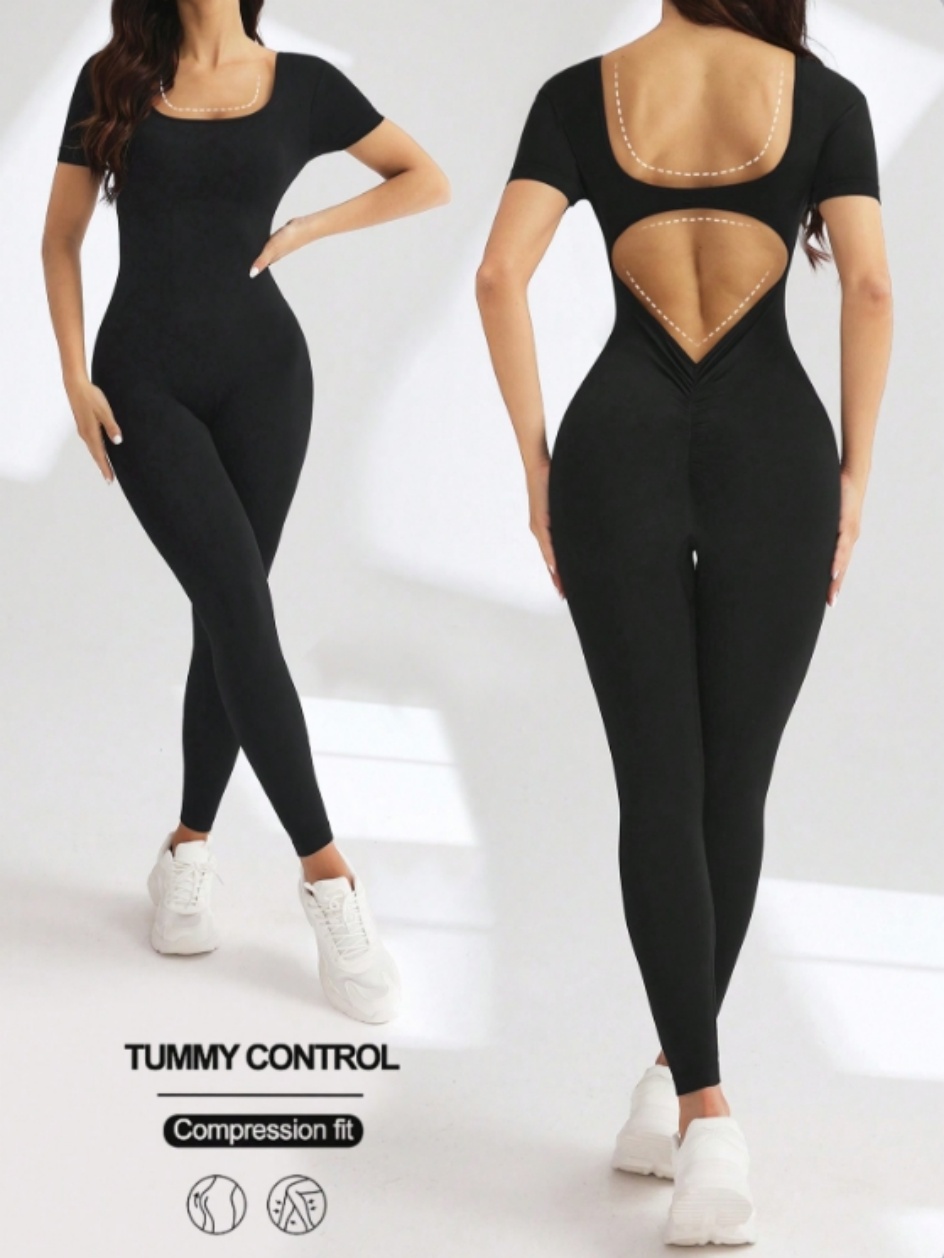 One piece seamless spandex U-neck short sleeved bodysuit with hip lifting, gym clothing, women's fitness jumpsuit