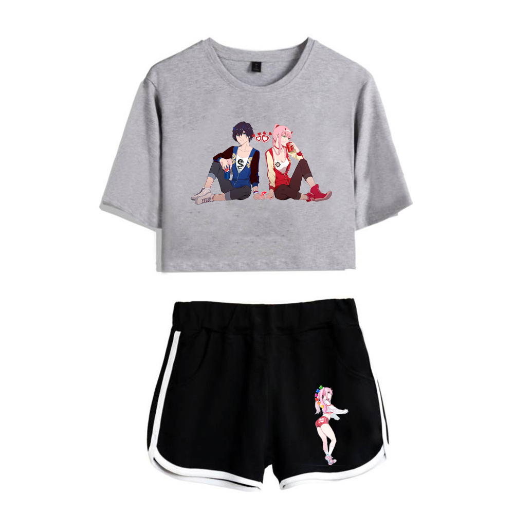 漫画ダーリン・イン・ザ・フランキスプリント半袖クールセクシーなショーツ素敵な Tシャツ露へそ美少女スーツ 2 点セット