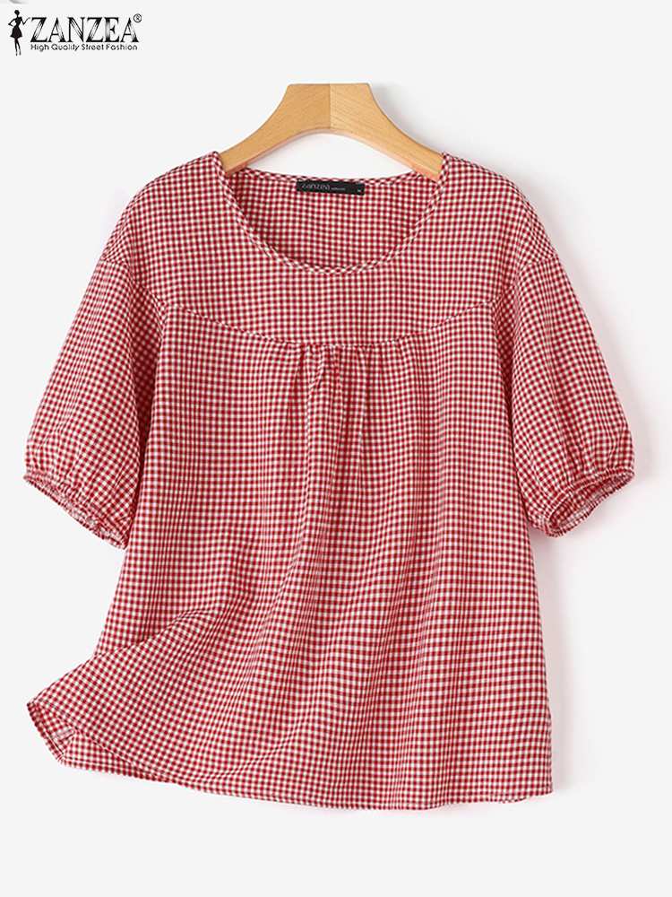 ZANZEA 夏半袖ヴィンテージブラウス女性カジュアルルーズシャツファッション O ネックだぶだぶ Blusas シュミーズチェック柄チェックトップスチュニック