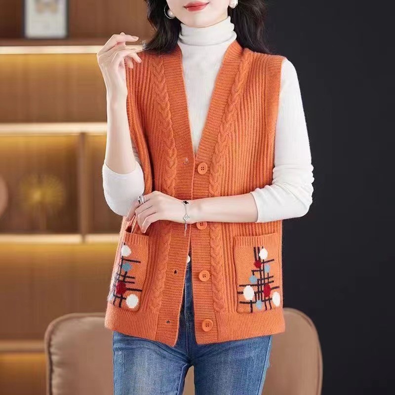 prin春秋 2024 ノースリーブ韓国語版レディースニットカーディガンセーターベストファッション印刷女性のチョッキジャケット
