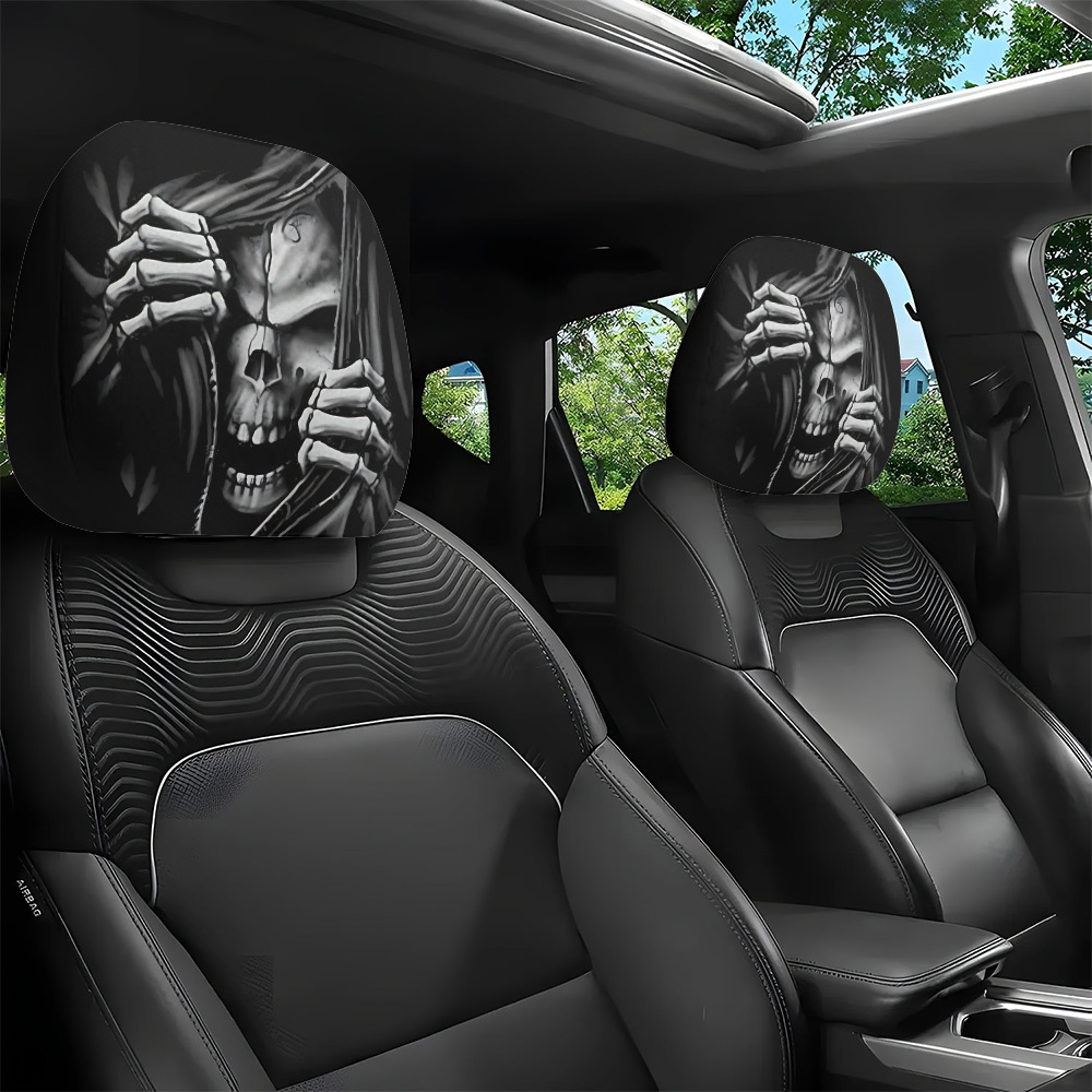 1pc/2pcs スカル ダークスタイル プリント柄 車用ヘッドレストカバー 車内装飾 ユニバーサルフィット 洗える インスタ映え