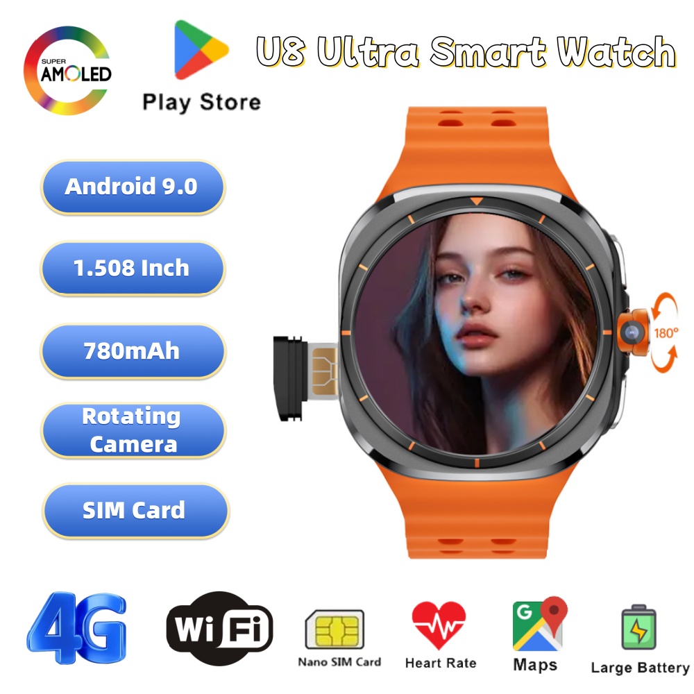 新しい U8 ウルトラ Android 4 グラム SIM カード 1.508 インチ AMOLED GPS WiFi グローバルビデオ通話 Google Play 回転可能な 200 ワットカメラスマートウォッチ