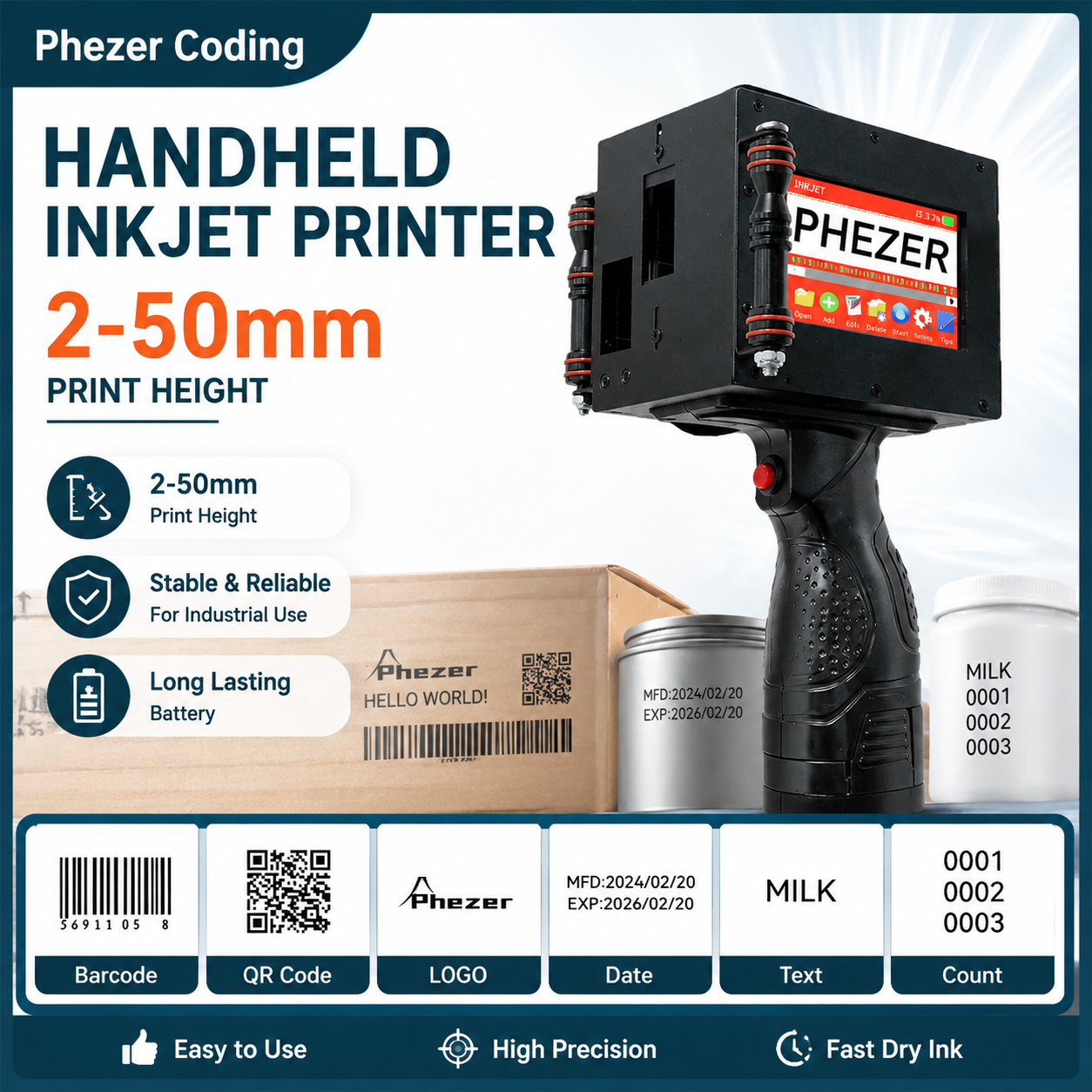 Phezer 50 ミリメートル新しい大型コーディングマシンハンドヘルドインクジェットプリンタ 28 言語 QR バーコードバッチ番号有効期限ロゴラベルプリンタ