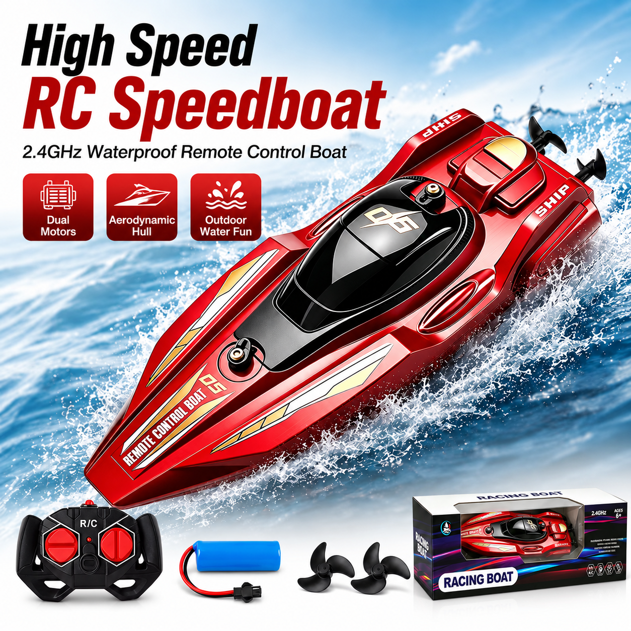 2.4GHz RC スピードボート、防水リモートコントロールレーシングボート、デュアルモーター水のおもちゃ、プール、湖、子供、男の子、大人の誕生日ギフト用