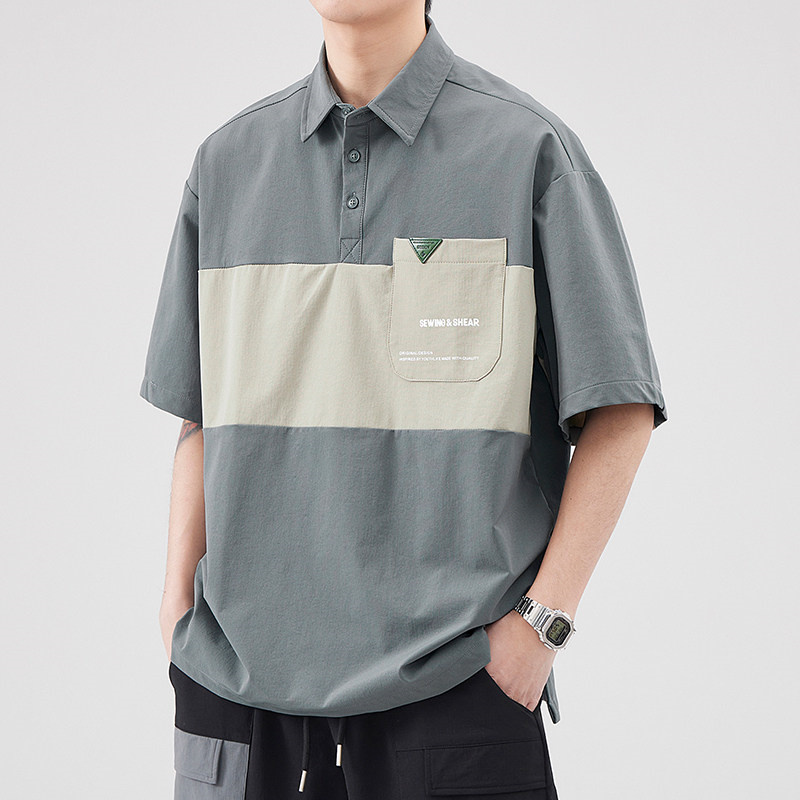 夏のメンズパッチワーク半袖オーバーサイズポロ Tシャツレタープリントビジネスカジュアルポロオム Y2K ストリート Tシャツトップス